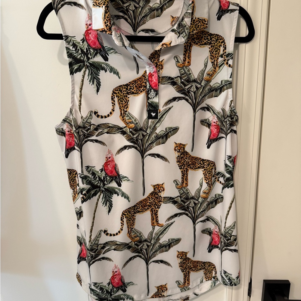Sleeveless White Animal & Palm Print Polo Top